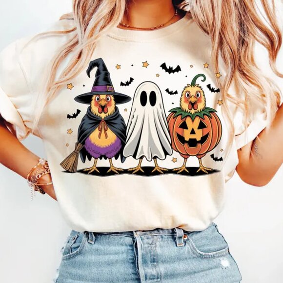 Tops - Pumpkin Chicken Fall Retro Halloween Shirt, Graphic Halloween Thanksgiving Tee